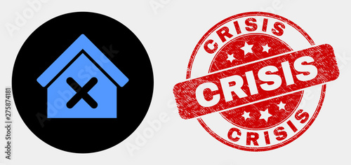 Rounded closed house icon and Crisis seal stamp. Red rounded grunge seal stamp with Crisis caption. Blue closed house icon on black circle. Vector composition for closed house in flat style.