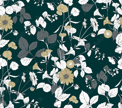 Floral seamless pattern for fabric. Vector drawing of small leaves and flowers.