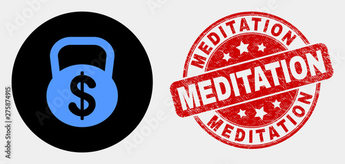 Rounded dollar weight pictogram and Meditation seal stamp. Red rounded scratched seal with Meditation text. Blue dollar weight icon on black circle. Vector combination for dollar weight in flat style.