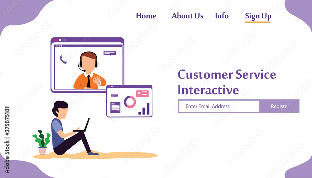 Fototapeta premium Landing Page Website Customer Service Interactive , Call Center for online Shopping and Business Concept Vector Template Design Illustration