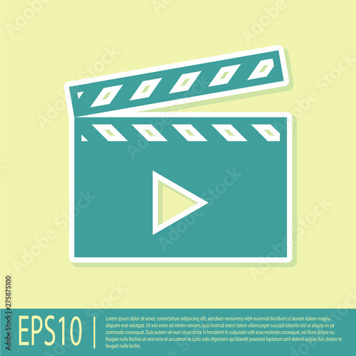 Green Movie clapper icon isolated on yellow background. Film clapper board icon. Clapperboard sign. Cinema production or media industry concept. Flat design. Vector Illustration