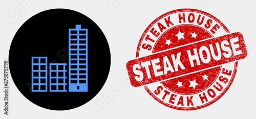 Rounded city buildings icon and Steak House watermark. Red rounded scratched seal with Steak House text. Blue city buildings icon on black circle. Vector composition for city buildings in flat style.