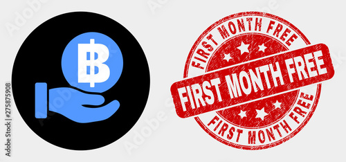 Rounded hand offer bitcoin icon and First Month Free seal stamp. Red round distress seal stamp with First Month Free caption. Blue hand offer bitcoin icon on black circle.