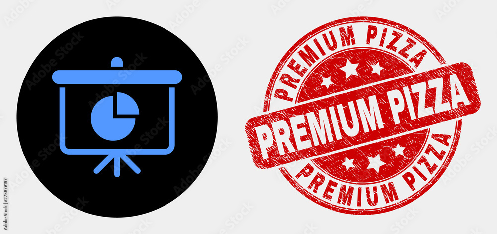 Rounded pie chart demonstration board icon and Premium Pizza seal stamp. Red rounded scratched seal with Premium Pizza text. Blue pie chart demonstration board icon on black circle. Rounded pie chart demonstration board icon and Premium Pizza seal stamp. Red rounded scratched seal with Premium Pizza text. Blue pie chart demonstration board icon on black circle.