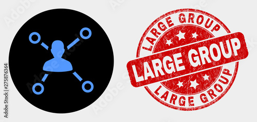 Rounded user links icon and Large Group seal stamp. Red round distress seal stamp with Large Group text. Blue user links icon on black circle. Vector combination for user links in flat style.