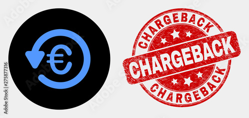 Rounded euro chargeback pictogram and Chargeback watermark. Red rounded distress watermark with Chargeback caption. Blue euro chargeback icon on black circle.