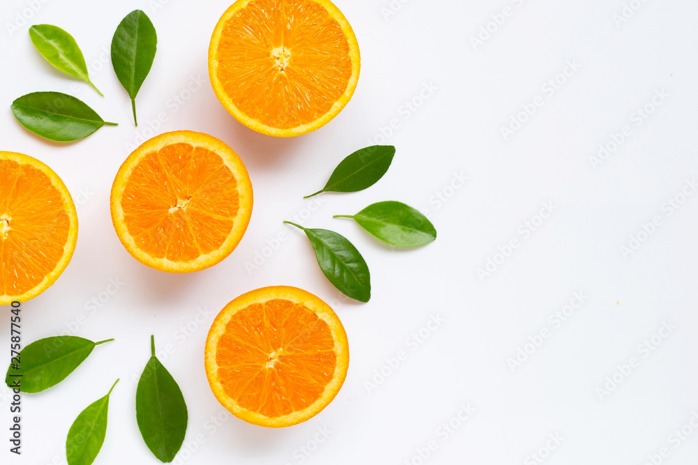 Fresh orange citrus fruit with leaves isolated on white background. Fresh orange citrus fruit with leaves isolated on white background.