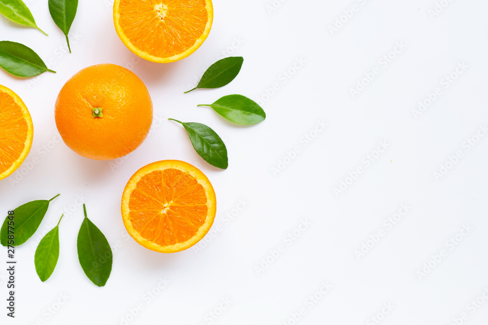 Fresh orange citrus fruit with leaves isolated on white background. Fresh orange citrus fruit with leaves isolated on white background.