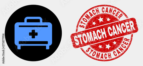 Rounded medical baggage icon and Stomach Cancer stamp. Red rounded distress seal stamp with Stomach Cancer text. Blue medical baggage icon on black circle.