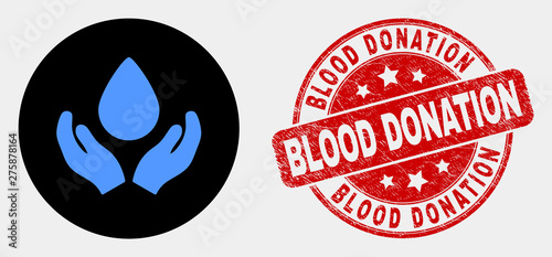Rounded blood care hands icon and Blood Donation seal. Red rounded textured seal with Blood Donation caption. Blue blood care hands icon on black circle.