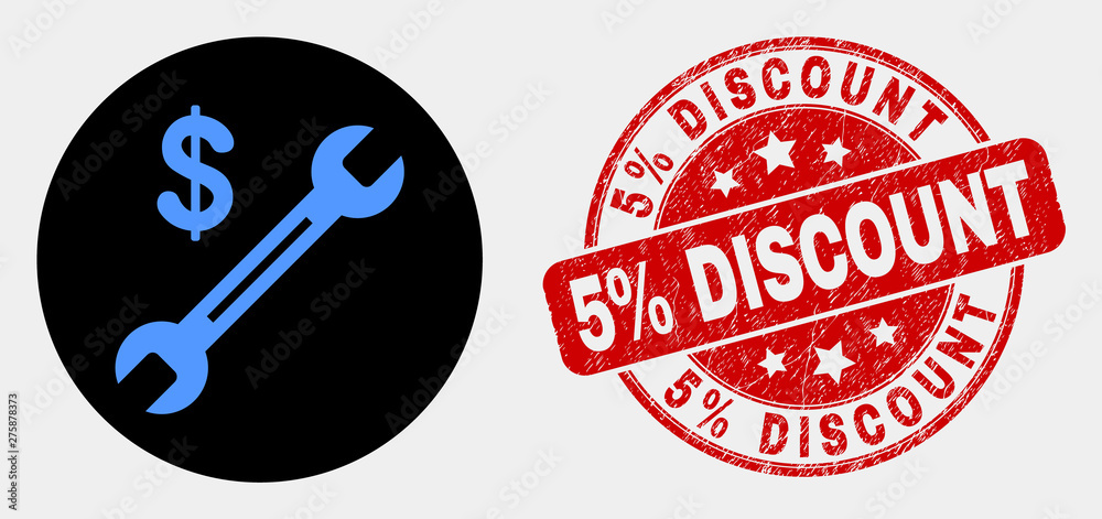 Rounded dollar wrench pictogram and 5% Discount stamp. Red rounded textured stamp with 5% Discount text. Blue dollar wrench symbol on black circle. Vector composition for dollar wrench in flat style. Rounded dollar wrench pictogram and 5% Discount stamp. Red rounded textured stamp with 5% Discount text. Blue dollar wrench symbol on black circle. Vector composition for dollar wrench in flat style.