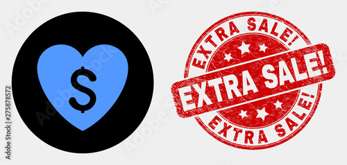 Rounded heart price icon and Extra Sale! seal stamp. Red rounded grunge seal with Extra Sale! text. Blue heart price icon on black circle. Vector composition for heart price in flat style.