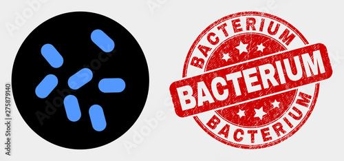 Rounded microbes pictogram and Bacterium seal stamp. Red rounded grunge seal stamp with Bacterium text. Blue microbes symbol on black circle. Vector combination for microbes in flat style.