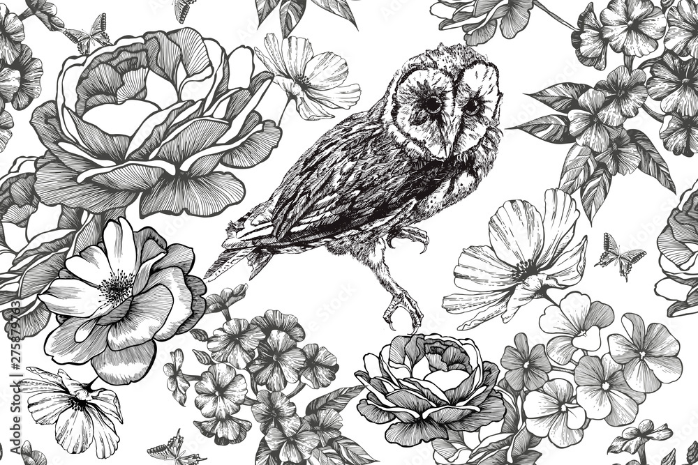 custom made wallpaper toronto digitalBird owl and seamless floral background with roses and phloxes. Hand-drawn, vector illustration.