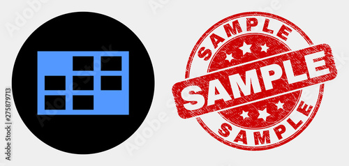 Rounded grid cells pictogram and Sample stamp. Red rounded textured seal stamp with Sample caption. Blue grid cells icon on black circle. Vector composition for grid cells in flat style.