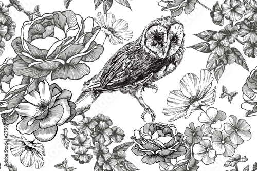 Wallpaper Mural Bird owl and seamless floral background with roses and phloxes. Hand-drawn, vector illustration. Torontodigital.ca