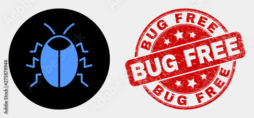 Rounded bug icon and Bug Free seal stamp. Red rounded grunge stamp with Bug Free caption. Blue bug icon on black circle. Vector composition for bug in flat style.