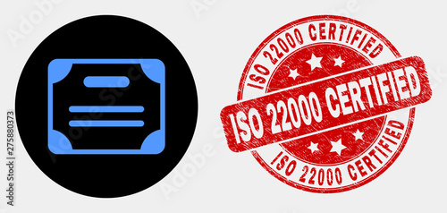 Rounded certificate diploma icon and ISO 22000 Certified stamp. Red rounded distress stamp with ISO 22000 Certified text. Blue certificate diploma icon on black circle.