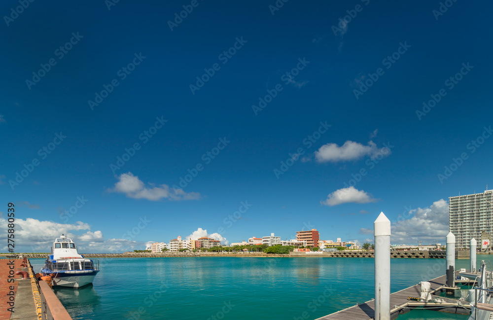 Hamakawa fishing port and fisherina district in the vicinity of the American Village in Chatan City of Okinawa.