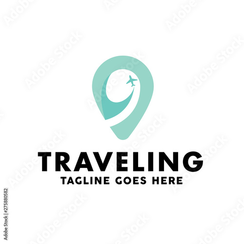 Travel Logo Design Concept of Airplane Icon with Pin Map And Navigation Symbol. Traveling Logo Vector for Vacation, Adventure, Tour And Holiday.