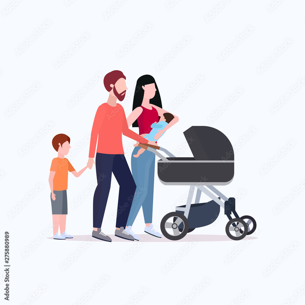young parents pushing stroller walking with children happy family having fun together parenthood concept flat full length