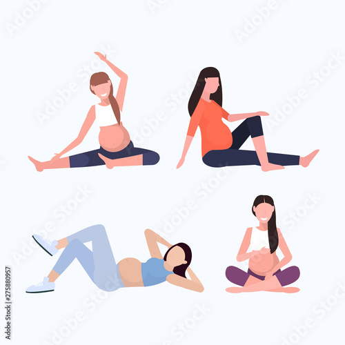 set pregnant woman doing different physucal exercises girls working out fitness pregnancy healthy lifestyle concept collection full length flat