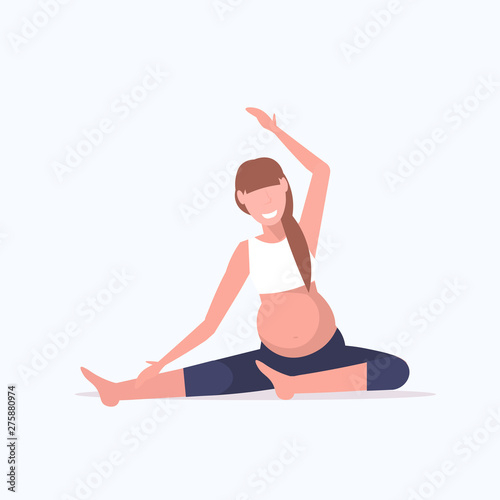 pregnant woman doing stretching exercises girl working out fitness pregnancy healthy lifestyle concept full length flat