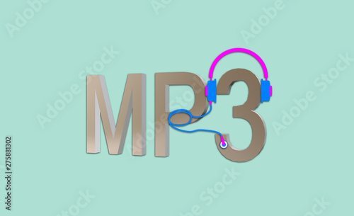 Illustration with MP3 in 3D text, popular lossy compression audio coding format, MPEG Layer III audio. Sound file format. Digital technology. Headset graphic. Vivid colors. Poster on light background.
