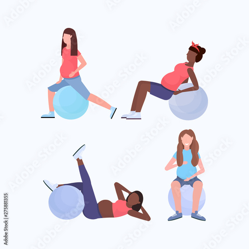 set mix race pregnant women doing different exercises with gymnastic ball girl working out on fitball fitness pregnancy healthy lifestyle concept full length flat