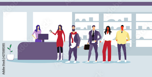 people customers standing line queue at cash desk with female cashier shopping concept grocery shop or supermarket interior sketch doodle horizontal full length