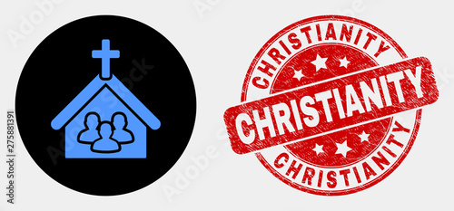 Rounded church people icon and Christianity seal stamp. Red rounded grunge stamp with Christianity caption. Blue church people icon on black circle. Vector combination for church people in flat style.