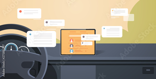 vehicle cockpit with smart driving assistance social network communication chatting messaging concept chat app on automobile computer board screen modern car interior flat horizontal