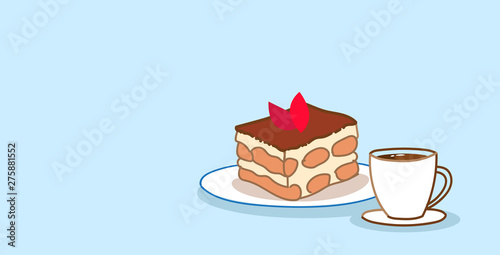 cake piece sweet bakery chocolate dessert with coffee cup food concept sketch doodle horizontal