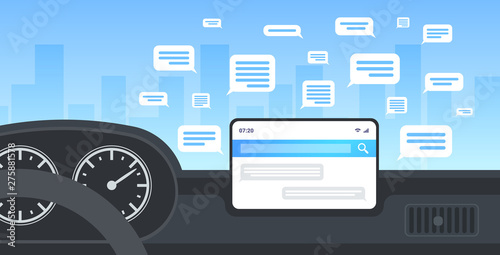 vehicle cockpit with smart driving assistance social network communication chatting messaging concept chat app on automobile computer board screen modern car interior flat horizontal
