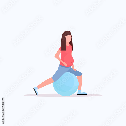 pregnant woman doing exercises with gymnastic ball girl working out on fitball fitness pregnancy healthy lifestyle concept full length flat