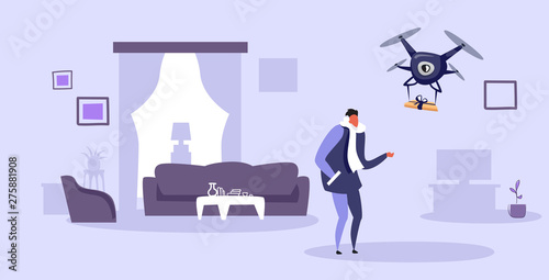 casual man getting parcel gift box from quadcopter express air mail drone delivery concept modern apartment living room interior sketch doodle horizontal