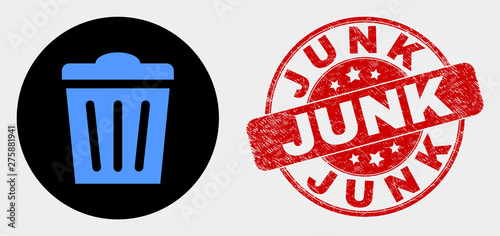 Rounded trashcan icon and Junk seal stamp. Red rounded scratched seal stamp with Junk text. Blue trashcan symbol on black circle. Vector composition for trashcan in flat style.