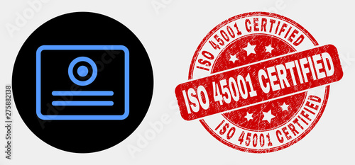 Rounded certificate icon and ISO 45001 Certified stamp. Red rounded grunge seal stamp with ISO 45001 Certified caption. Blue certificate icon on black circle.