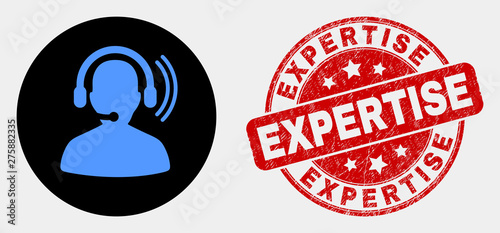 Rounded radio operator headset icon and Expertise seal stamp. Red rounded textured stamp with Expertise caption. Blue radio operator headset icon on black circle.
