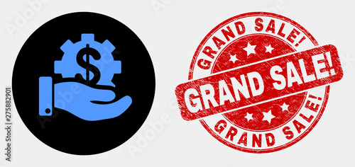 Rounded financial service offer pictogram and Grand Sale! seal stamp. Red rounded distress seal stamp with Grand Sale! text. Blue financial service offer icon on black circle.
