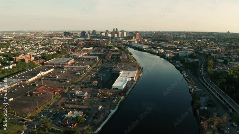 Aerial View Moving in over the Passaic River Towards Newark New Jersey Aerial View Moving in over the Passaic River Towards Newark New Jersey