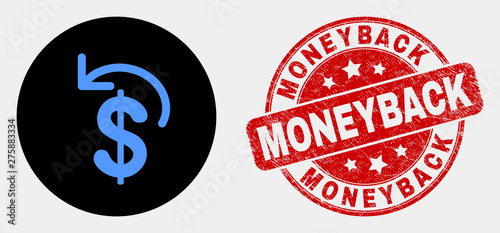 Rounded dollar refund pictogram and Moneyback seal stamp. Red rounded distress seal with Moneyback text. Blue dollar refund icon on black circle. Vector combination for dollar refund in flat style.