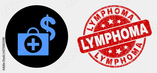 Rounded Financial medical case icon and Lymphoma stamp. Red rounded grunge seal stamp with Lymphoma caption. Blue Financial medical case icon on black circle.