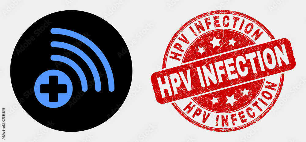 Rounded medical source icon and Hpv Infection watermark. Red rounded textured stamp with Hpv Infection text. Blue medical source icon on black circle. Rounded medical source icon and Hpv Infection watermark. Red rounded textured stamp with Hpv Infection text. Blue medical source icon on black circle.