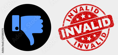 Rounded thumb down icon and Invalid seal stamp. Red round grunge seal stamp with Invalid caption. Blue thumb down icon on black circle. Vector composition for thumb down in flat style. photo