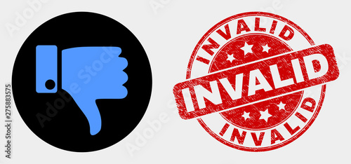 Rounded thumb down icon and Invalid seal stamp. Red round grunge seal stamp with Invalid caption. Blue thumb down icon on black circle. Vector composition for thumb down in flat style.