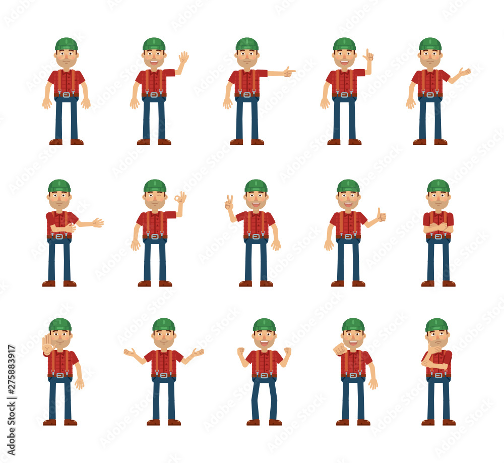 Big set of lumberjack characters showing different hand gestures. Cheerful woodcutter showing thumb up, pointing, greeting, victory, stop sign and other hand gestures. Simple vector illustration
