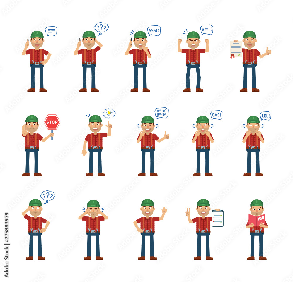 Big set of lumberjack characters showing different actions, gestures, emotions. Cheerful woodcutter talking on phone, holding stop sign, book and doing other actions. Simple vector illustration