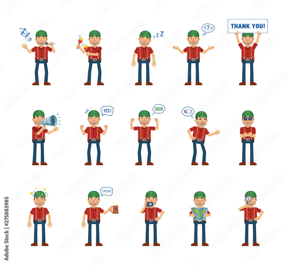 Big set of lumberjack characters showing different actions, gestures, emotions. Cheerful woodcutter singing, sleeping, holding loudspeaker, banner and doing other actions. Simple vector illustration