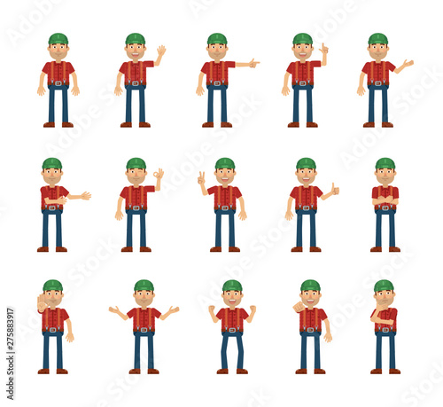 Big set of lumberjack characters showing different hand gestures. Cheerful woodcutter showing thumb up, pointing, greeting, victory, stop sign and other hand gestures. Simple vector illustration